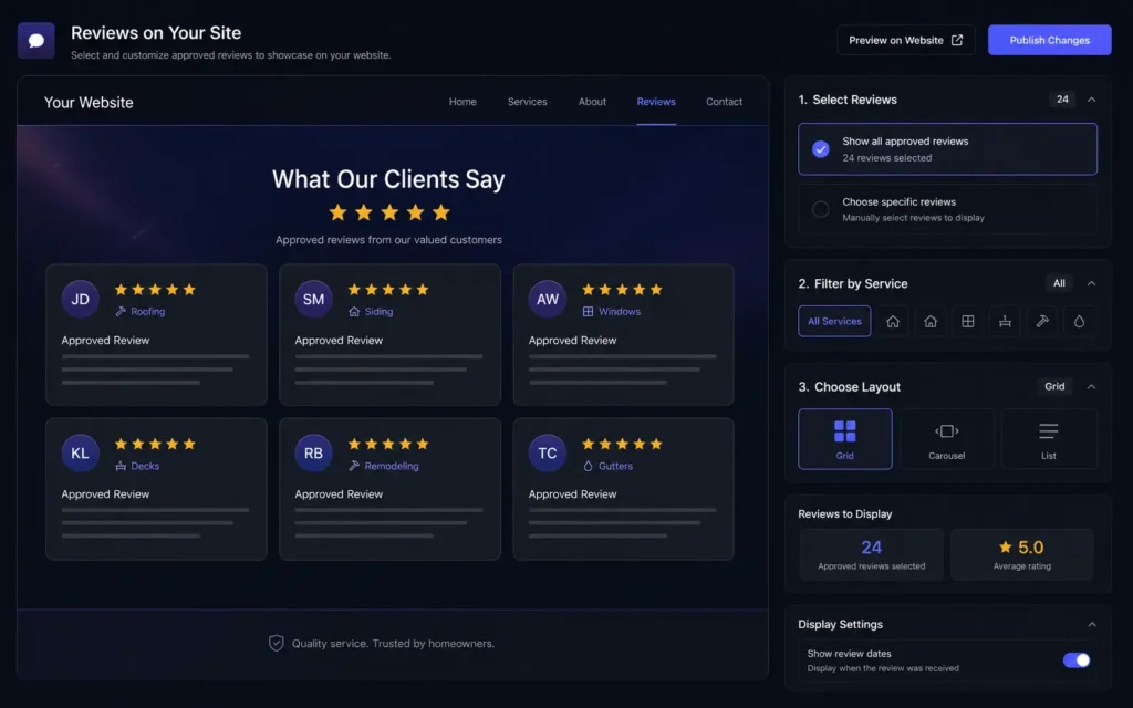 Webvana approved review publishing manager and website preview