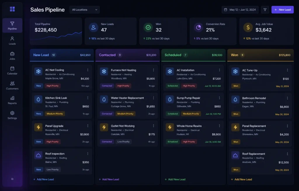 Webvana dark-mode CRM and home service sales pipeline dashboard